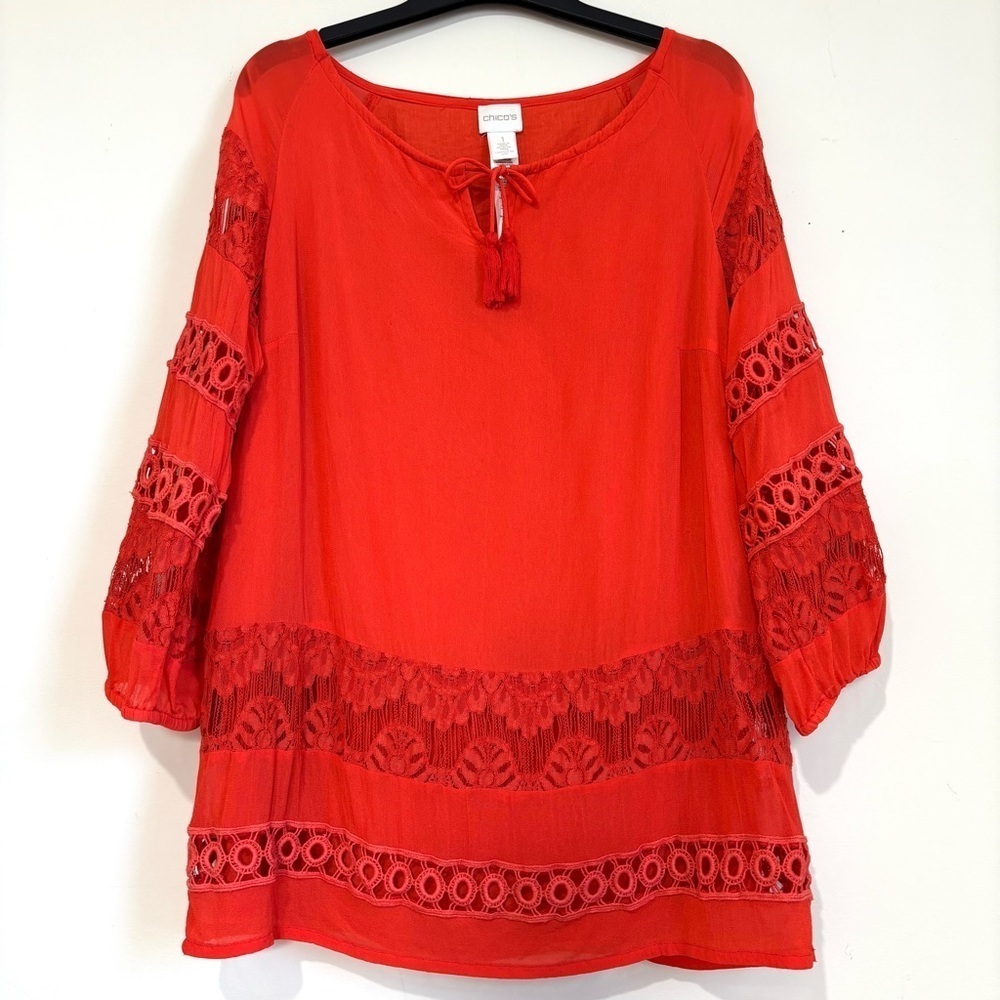 Chico's Holiday Lace Orange Red Raglan long Sleeve Round Neck Boho Tunic Medium